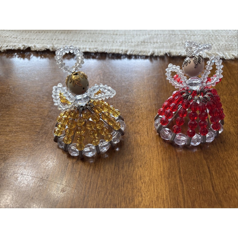 Vintage Safety Pin Beaded Doll Ornaments Set Of 2‎ Red And Yellow
